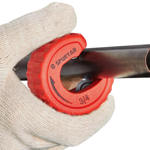 Pro Grade Four Piece Copper Pipe Cutter Set With Deburring Tool For One Half Inch Three Quarters Inch And One Inch Tubing Auto Tightening Cutting Wheels For Fast Clean Cuts No Fuss Deburring, 3/4 inch cutter in use