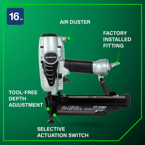 Finish Nailer With Air Duster For Molding And Cabinetry, Lightweight 3.7 Lb 16 Gauge Pneumatic Nail Gun, Performs One Inch To Two And A Half Inch Nails, NT65M2S, Ideal For Molding, Chair Rail And Trim Work, Go To Pro Grade Finishes