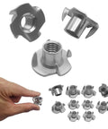 Premium Heavy Duty Stainless Steel Tee Nuts With Badass Four Prong Grip For Cabinetry Furniture And Rock Climbing Projects Featuring No Sweat Assembly In 1/4 5/16 And 3/8 Inch Sizes, showcasing multiple sizes and a hand holding one.