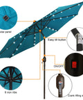 Diagram of 9 Foot Solar LED Patio Umbrella with tilt, crank, 32 LED lights, and solar panel on cerulean canopy.