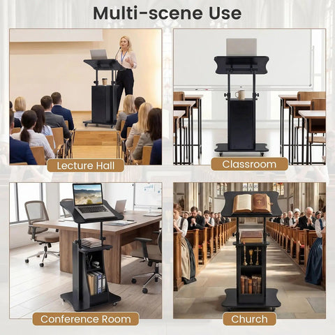 Slick Height Adjustable Standing Desk With Smooth Rolling Casters, Tilting Lectern Stand used in lecture hall, classroom, conference room, church.