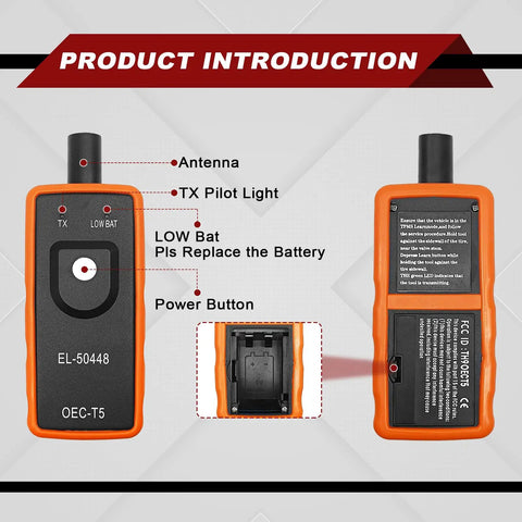 Keep Your Ride Rolling Smooth On Any Street With This Straight Up Bulletproof Tire Pressure Monitor And TPMS Reset Tool For GM Chevy Buick EL50448 Models, orange tire pressure reset tool with buttons and battery compartment.