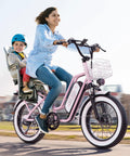 Two Seater Fat Tire Electric Bike With 1300W Peak Motor, 48V 20Ah Large Removable Battery 960Wh, Up To 80 Miles Range, 30 Plus MPH, 20 Inch By 4.0 Inch Fat Tires For Adults, Pink; woman riding with child in rear seat