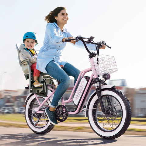 Two Seater Fat Tire Electric Bike With 1300W Peak Motor, 48V 20Ah Large Removable Battery 960Wh, Up To 80 Miles Range, 30 Plus MPH, 20 Inch By 4.0 Inch Fat Tires For Adults, Pink; woman riding with child in rear seat