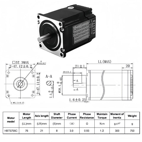 NEMA 23 stepper motor with mounting flange; black housing, silver front plate and shaft, plus engineering drawing showing 76 mm length and 1.2 N·m torque