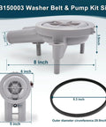 Dimensions of Upgraded RB150003 Washer Drain Pump And Belt Kit 8x6x3.4 Inch for models 201566P 205217P 27001036 36863