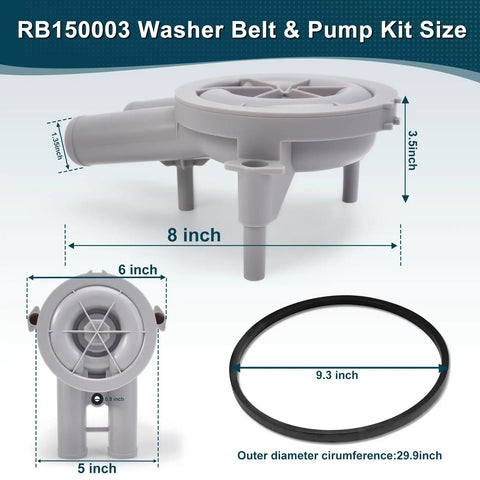 Dimensions of Upgraded RB150003 Washer Drain Pump And Belt Kit 8x6x3.4 Inch for models 201566P 205217P 27001036 36863