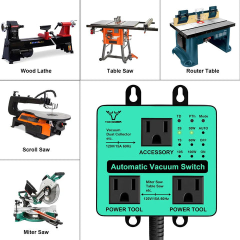 Heavy Duty Automatic Vacuum Switch For Dust Collector And Shop Vac Featuring Dual Power Tool Outlets To Effortlessly Ignite Your Woodshop Projects Right Now with wood tools and settings.