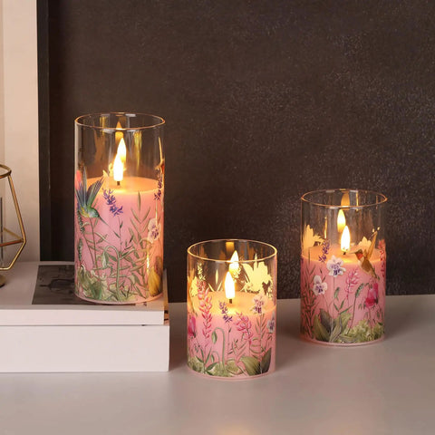 Pink Hummingbird Glass Flameless Candles Set Of 3 With Remote Control Flickering LED Pillar Candles Battery Operated Real Wax In Glass