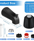Matte Black Tub And Shower Trim Kit With Knob And Bath Spout For 1/2 Inch Copper Connection with components displayed and measurements.