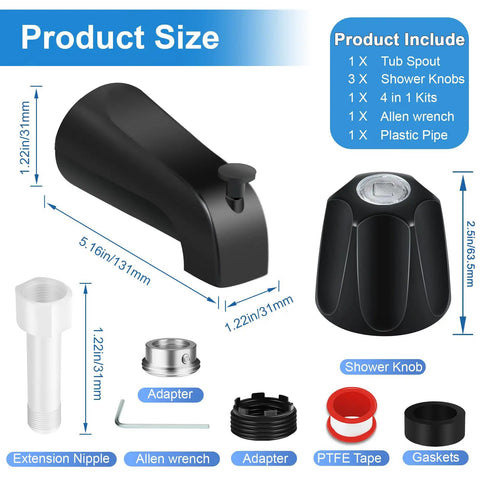 Matte Black Tub And Shower Trim Kit With Knob And Bath Spout For 1/2 Inch Copper Connection with components displayed and measurements.