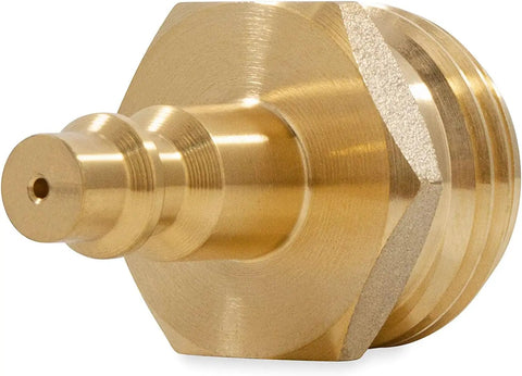 Close-up of Brass Blow Out Plug For RVs, Boats, Campers And Travel Trailers, No Fuss Quick Connect Garden Hose Adapter