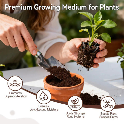 Woman planting seedling in terracotta pot with soil, using 55 Pack Compressed Coco Coir Pellets For Seed Starting And Indoor Plants.