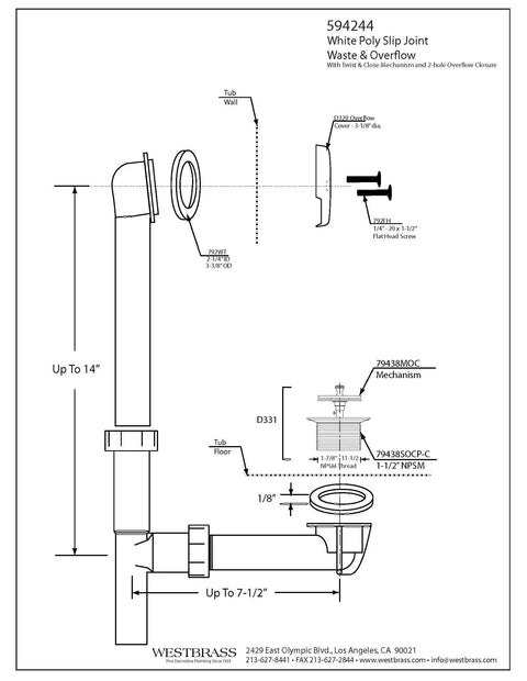 No Sweat Setup Twist Close Bath Waste And Overflow Kit Featuring Slick Leak Proof Design diagram with white poly slip joint details.