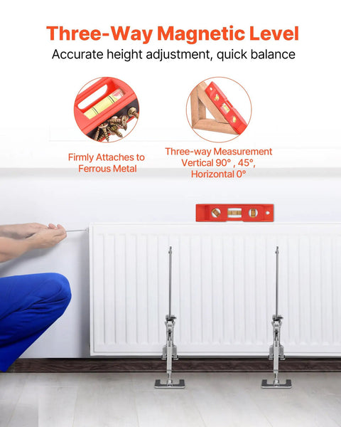 Three-way magnetic level for accurate height adjustment with Dual Action Labor Saving Arm Jacks 2 Pack adjustable lifters.