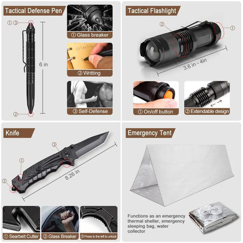 238 Piece Emergency Survival Kit With First Aid Tools Tactical Molle Pouch featuring pen, flashlight, knife, and tent.