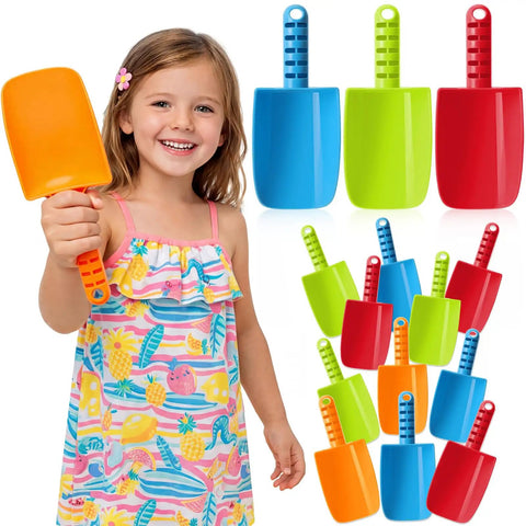 Child holding orange shovel surrounded by 15 Pack 8 Inch Colorful Beach Sand Shovels For Kids Bulk Set Kid Friendly Sand Tools Awesome For Sensory Play Outdoor Digging Sandbox Fun Snow Toddlers And Preschoolers Heavy Duty Plastic Shovels For Indoor Outdoor Use.