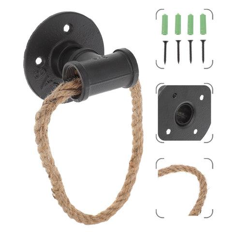 Vintage Rope Cabinet Knob And Drawer Pull Set In Black Iron Rustic Hardware For Kitchen Cabinets And Furniture, includes screws and plate detail.