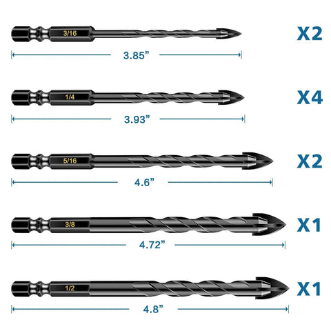 Front view of 10-pc masonry drill bit set with tungsten carbide tips in sizes 3/16–1/2 in (2x,4x,2x,1x,1x).