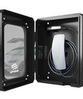 Tough As Nails Outdoor EV Charger Enclosure Wall Box With Combo Lock For Tesla And Chargepoint, black steel with cable inside.