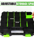 Front view of Double Sided 34 Compartments Tool Organizer Box With Clear Lid Removable Dividers For Hardware Screws Bolts Nails Beads Jewelry And Fishing Gear Green Two Pack open with adjustable storage compartments.