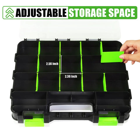 Front view of Double Sided 34 Compartments Tool Organizer Box With Clear Lid Removable Dividers For Hardware Screws Bolts Nails Beads Jewelry And Fishing Gear Green Two Pack open with adjustable storage compartments.