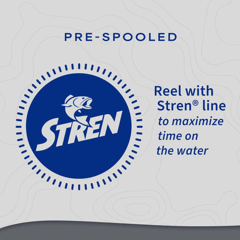 Pre-spooled reel with Stren line logo, highlighting its use for maximizing time on water, text on a contour map background
