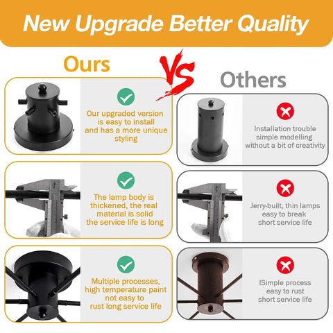 Comparison chart showing Six Light Sputnik Ceiling Light Dope Matte Black Semi Flush Mount Edison Chandelier Industrial Farmhouse Fixture