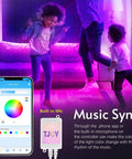 Kids dancing in lit room with Bluetooth LED strips, app on smartphone screen, built-in mic showing music sync feature
