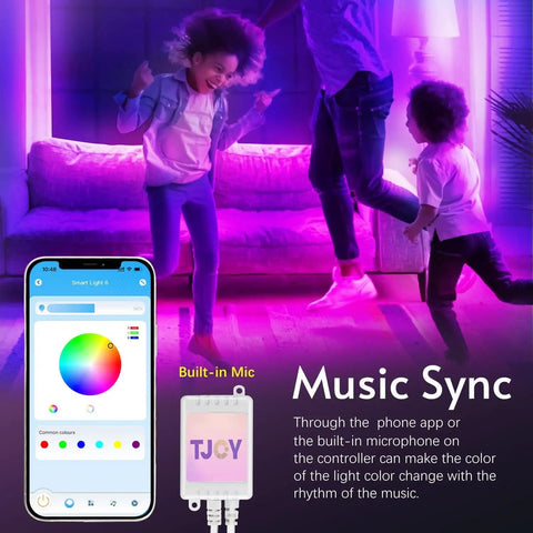 Kids dancing in lit room with Bluetooth LED strips, app on smartphone screen, built-in mic showing music sync feature
