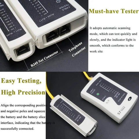 Pro Grade Network Tool Kit Set With Rock Solid Cable Tester And No Sweat Wire Strippers, RJ45 and telephone connectors shown.