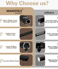 Comparison chart showing features of Makefeile curtain track with wider track, unified color, larger rollers, and true all-white finish.