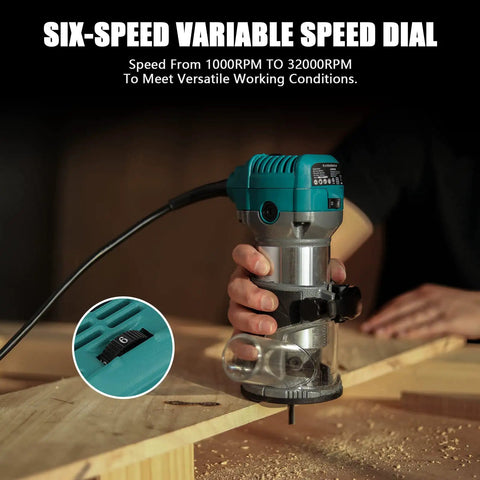 Powerful 6.5 Amp Wood Router Tool With 1.25 HP Compact Trim Router Variable Speed 10,000 To 32,000 RPM in use on wood surface