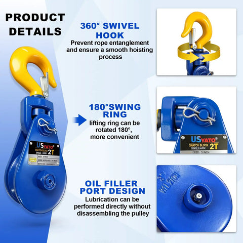 Heavy Duty 2 Ton Snatch Block With Hook 3 Inch Sheave 3 Eighths Inch Wire Rope Hauler Pulley For Offroad Recovery Towing And Logging Rugged Steel Corrosion Resistant Ideal For Trucks SUVs And Small Vans 2 Pack, blue steel block with yellow swivel hook