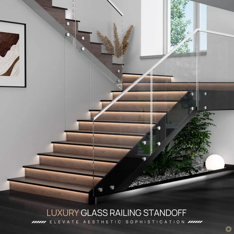 Modern staircase with 10 Pack Solid 316 Stainless Steel Glass Railing Standoff Hardware for Balcony and Stair Balustrade.