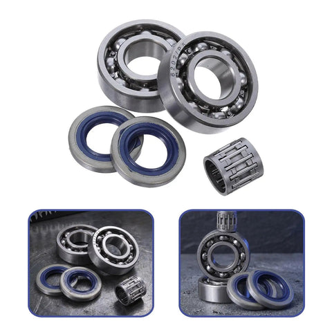 Chainsaw Crankshaft Bearing And Rubber Oil Seal Set For High Speed Transmission, Needle Roller Bearing Kit, Saw Repair For Gasoline Power Saws, Heavy Duty Pro Grade Sealing System For Tight Seal And Leak Free Performance, bearings and seals shown