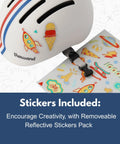 Junior Toddler Helmet With Free Reflective Sticker Pack For Ages 1 And Up, detail of helmet with stickers and strap