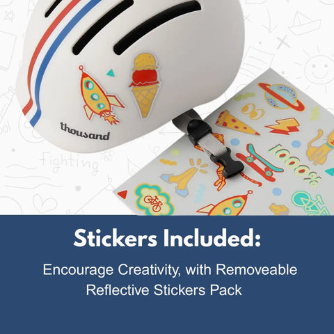 Junior Toddler Helmet With Free Reflective Sticker Pack For Ages 1 And Up, detail of helmet with stickers and strap