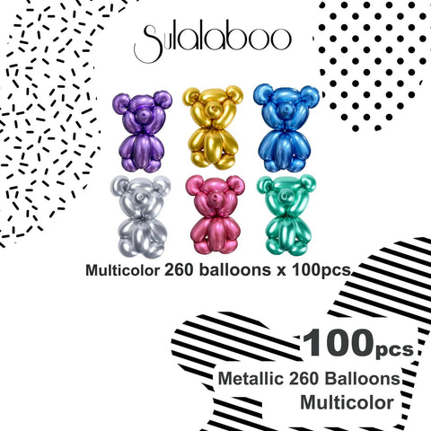 Six shiny bear shapes made from Metallic 260 Balloons Set, 100 Count Multicolor Latex Balloons For Birthday Parties.