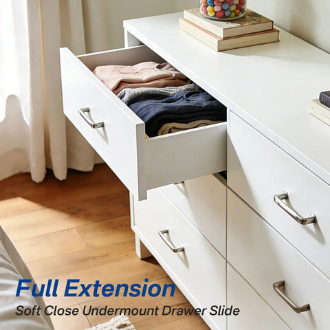 Top Notch Concealed Soft Close Undermount Drawer Slides 15 Inch Pair installed in a white dresser, holding folded clothes.