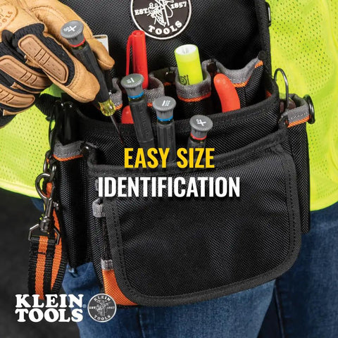 Tool belt with various tools and gloves, showcasing easy size identification for DIY projects.