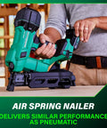 Person holding 18V MultiVolt Brushless Cordless Coil Roofing Nailer Kit With 2.0Ah Battery, easy pneumatic feel with side loading.