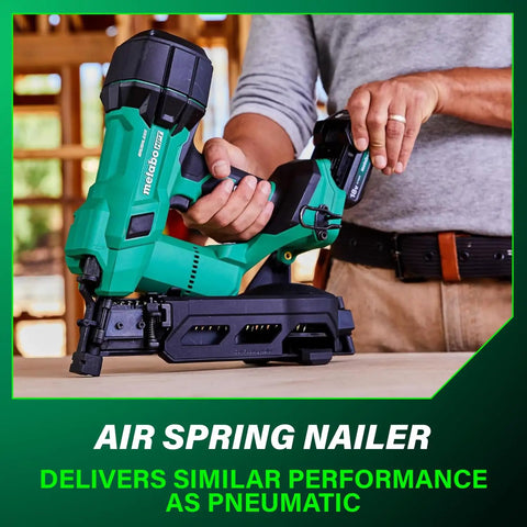 Person holding 18V MultiVolt Brushless Cordless Coil Roofing Nailer Kit With 2.0Ah Battery, easy pneumatic feel with side loading.