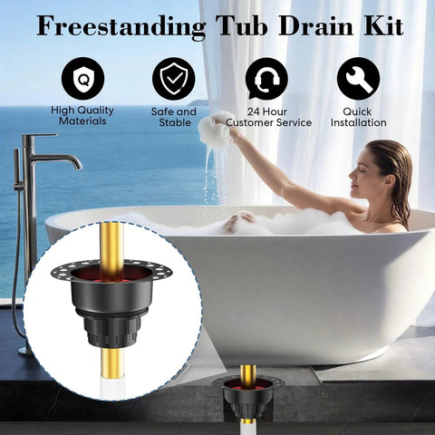Hassle Free Freestanding Tub Drain Kit With Bolt Tight Brass Tail Pipes And Slick PVC Adapter Rough In Rig for easy tub installation.