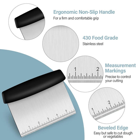 Sturdy Stainless Steel Bench Scraper With Dual BPA Free Plastic Bowl Scrapers Measuring Scale Flexible Edges Pro Grade Kitchen Tool Set For Pastry Bread Pizza Cake Great For Home Bakers, 430 steel handle close-up