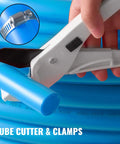 Close-up of 1 Inch PEX B Non Oxygen Barrier Flexible Pipe Tubing Blue For Hydronic Radiant Floor Heating including cutter and clamps