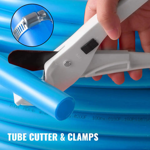 Close-up of 1 Inch PEX B Non Oxygen Barrier Flexible Pipe Tubing Blue For Hydronic Radiant Floor Heating including cutter and clamps
