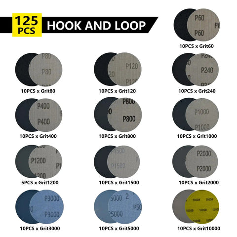 Pro Grade 3 Inch Sanding Disc Polishing Kit with grit labels from 60 to 10000, 125 discs for headlight restoration and multi-material use