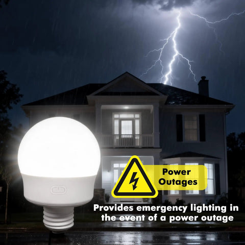Rechargeable E26 Magnetic Detachable Light Bulb With Remote, Dimmable And Timer, shown outside a house during power outage.