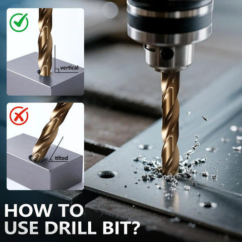 Cobalt drill bit from 29-Piece M35 Cobalt Drill Bit Set For Steel And Hardened Metals drilling into metal with correct and incorrect angles shown.